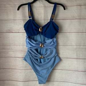 Blue Ombre Gradient One-Piece Swimsuit Bows Cutouts Colorblock Gold Hardware
